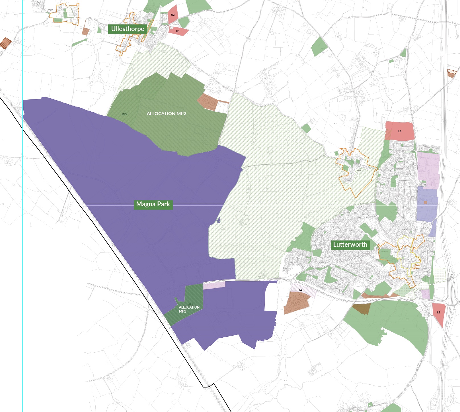 Local Plan Policies Map showing MP1 and MP2 allocations at Magna Park Lutterworth