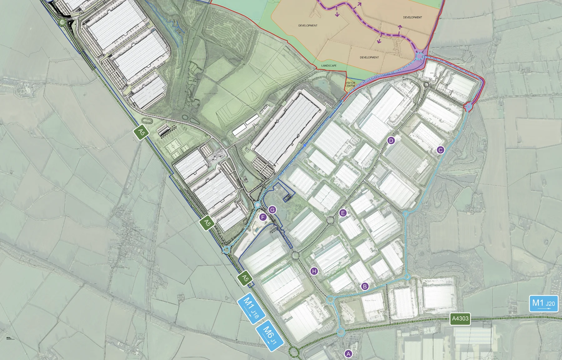 Map showing transport routes from Magna Park Lutterworth to the M1, A5, and A4303